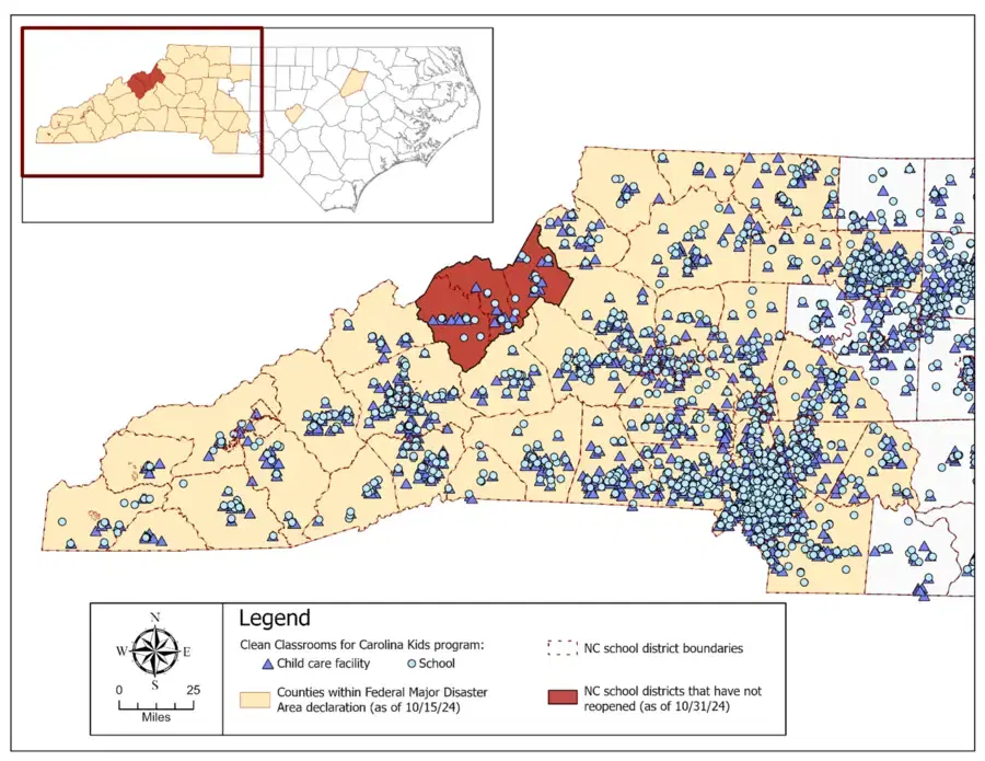 Map of NC schools and child care center impacted by Hurrican Helene.