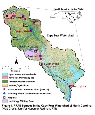 Map of PFAS sources in the Cape Fear Watershed of North Carolina