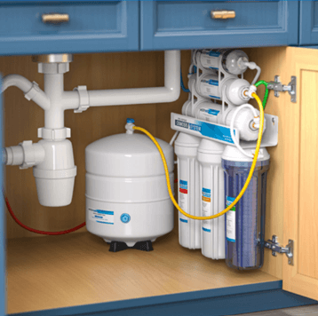 A reverse osmosis filter installed beneath a sink